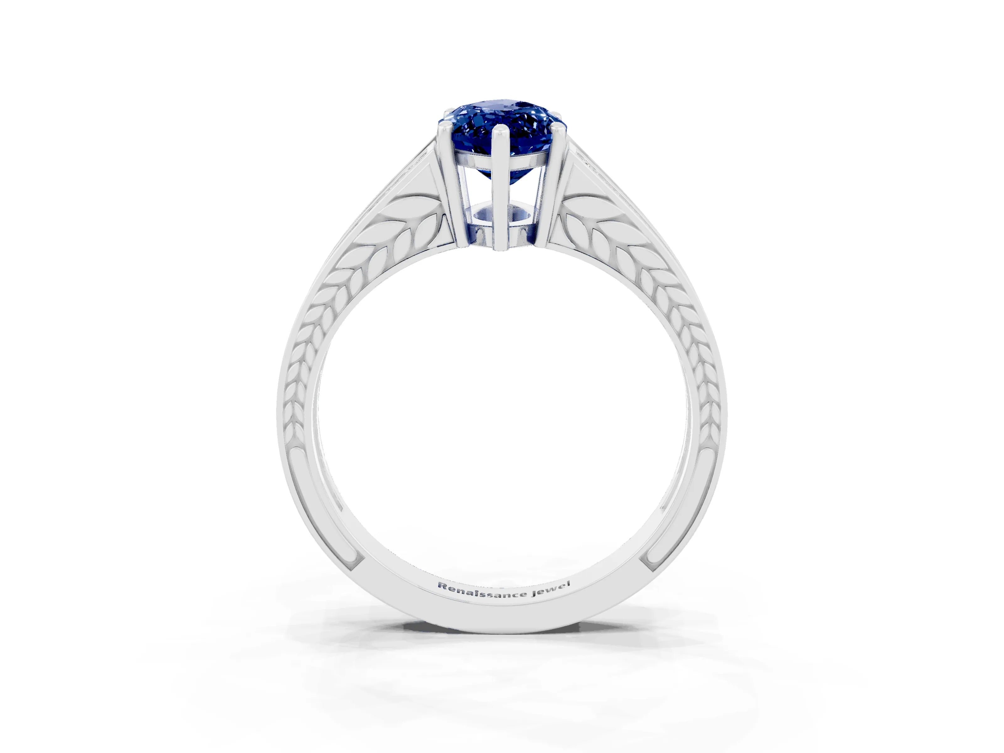 White gold Marquise Cut Blue Sapphire Split Shank Ring with Pavé Band and Four-Prong Setting_3
