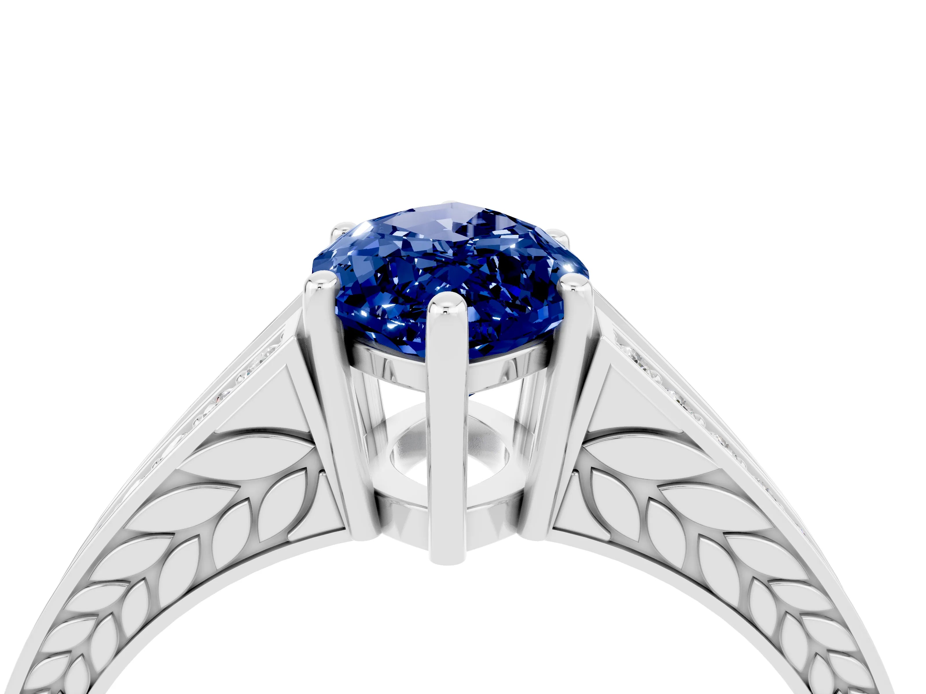 White gold Marquise Cut Blue Sapphire Split Shank Ring with Pavé Band and Four-Prong Setting_4