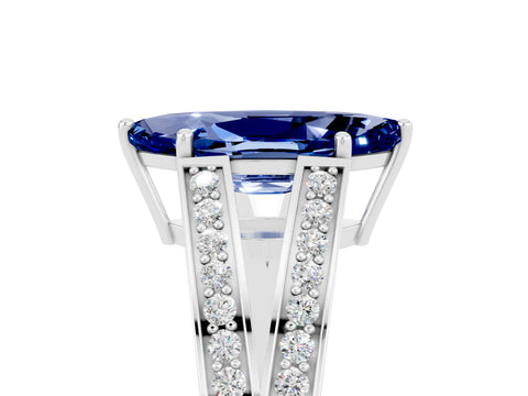 White gold Marquise Cut Blue Sapphire Split Shank Ring with Pavé Band and Four-Prong Setting_5