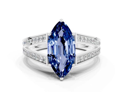 White gold Marquise Cut Blue Sapphire Split Shank Ring with Pavé Band and Four-Prong Setting