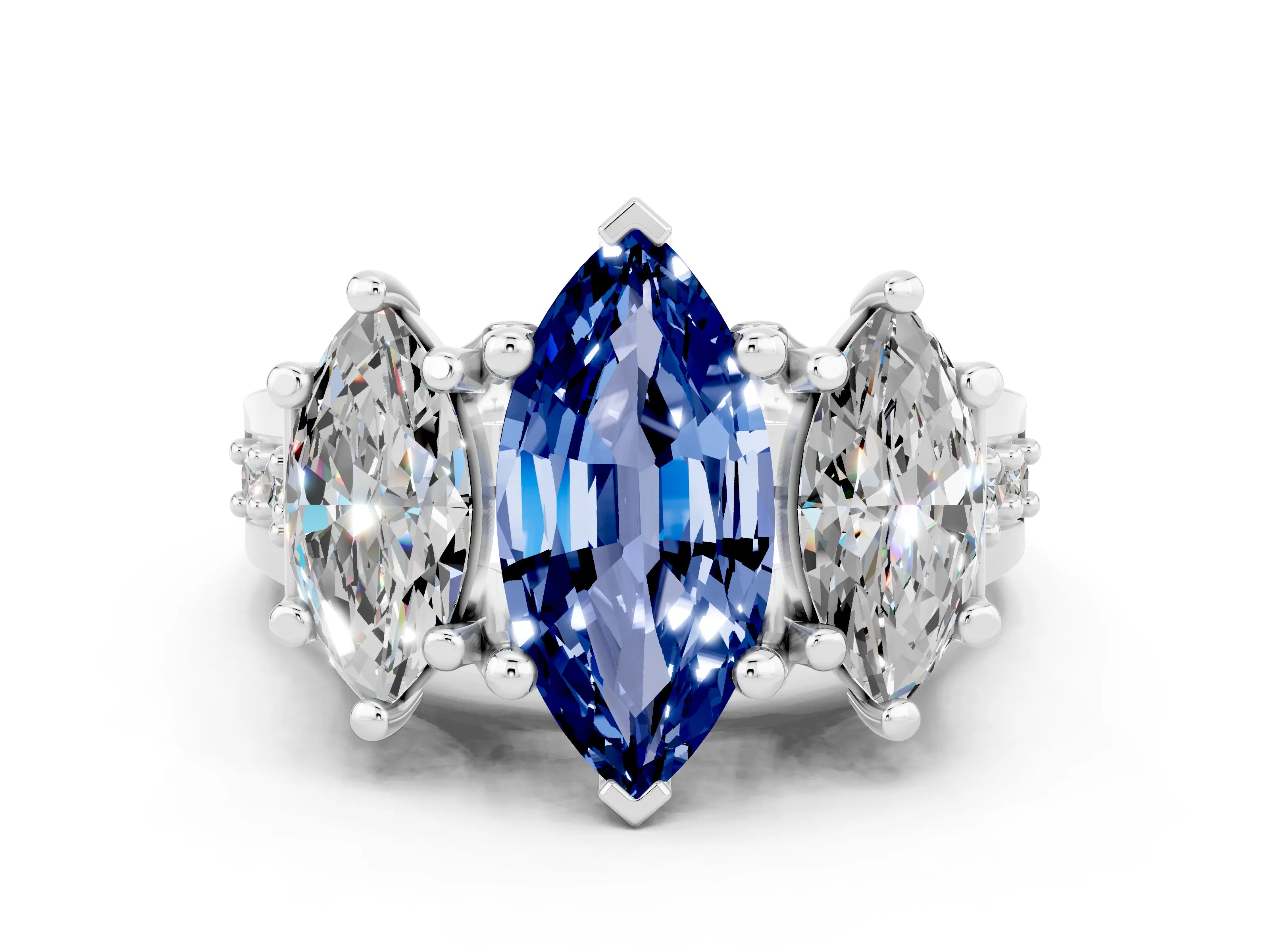 White gold Marquise Cut Blue Sapphire Three-Stone Ring with Channel Set Band and Four-Prong Setting