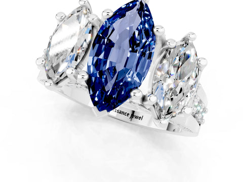 White gold Marquise Cut Blue Sapphire Three-Stone Ring with Channel Set Band and Four-Prong Setting_1