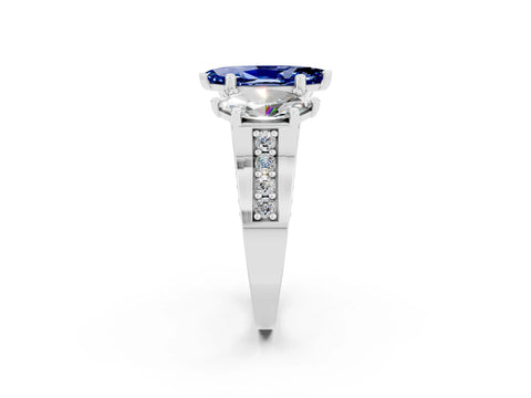 White gold Marquise Cut Blue Sapphire Three-Stone Ring with Channel Set Band and Four-Prong Setting_2