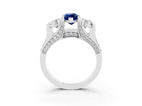 White gold Marquise Cut Blue Sapphire Three-Stone Ring with Channel Set Band and Four-Prong Setting_3