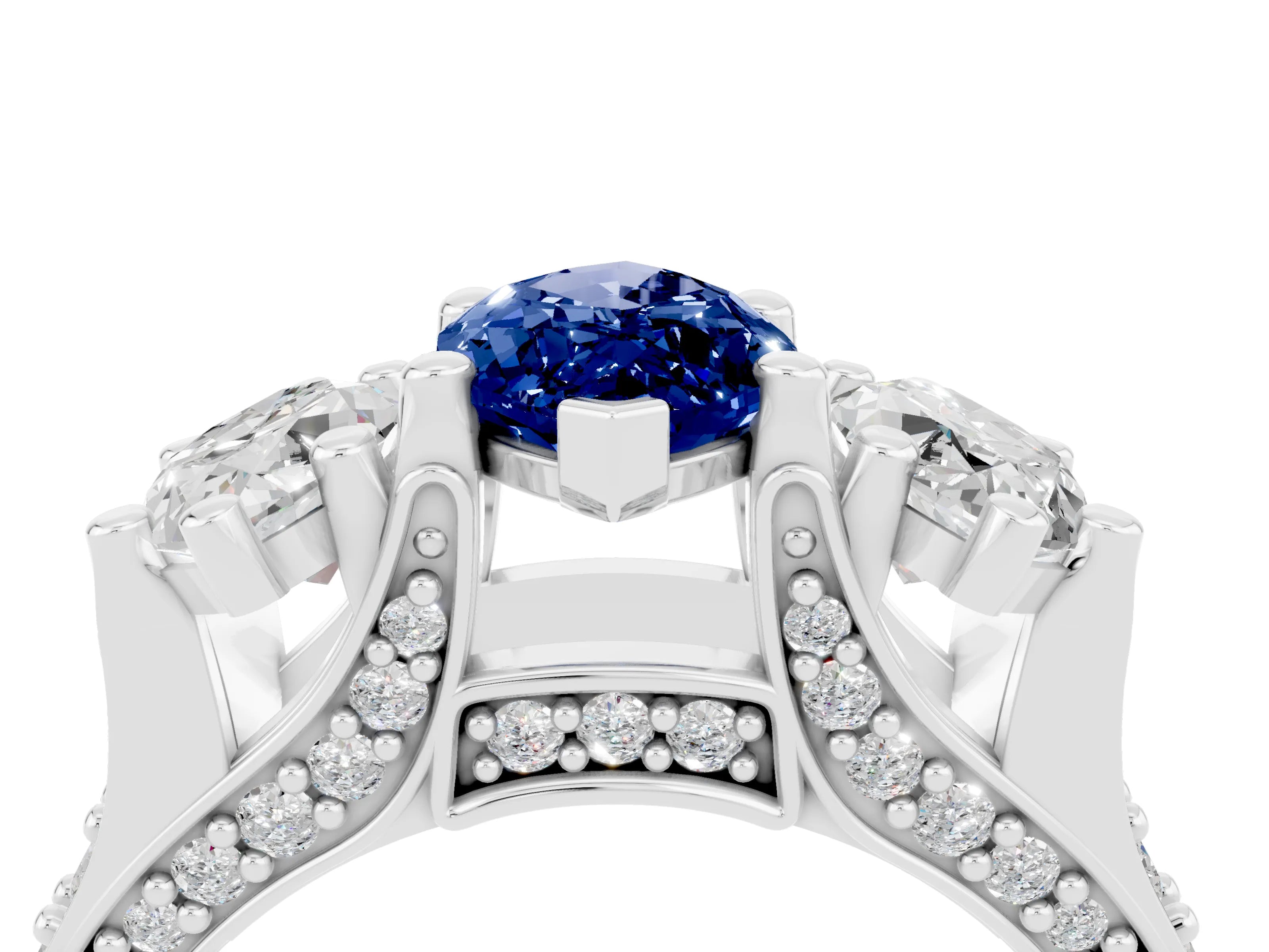 White gold Marquise Cut Blue Sapphire Three-Stone Ring with Channel Set Band and Four-Prong Setting_4