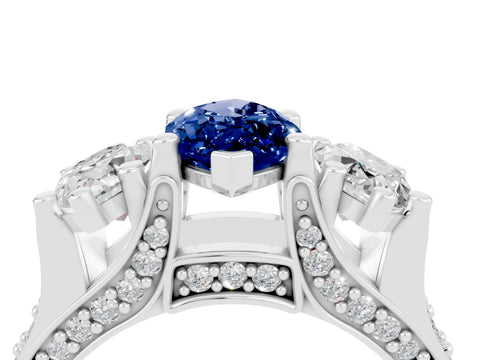 White gold Marquise Cut Blue Sapphire Three-Stone Ring with Channel Set Band and Four-Prong Setting_4