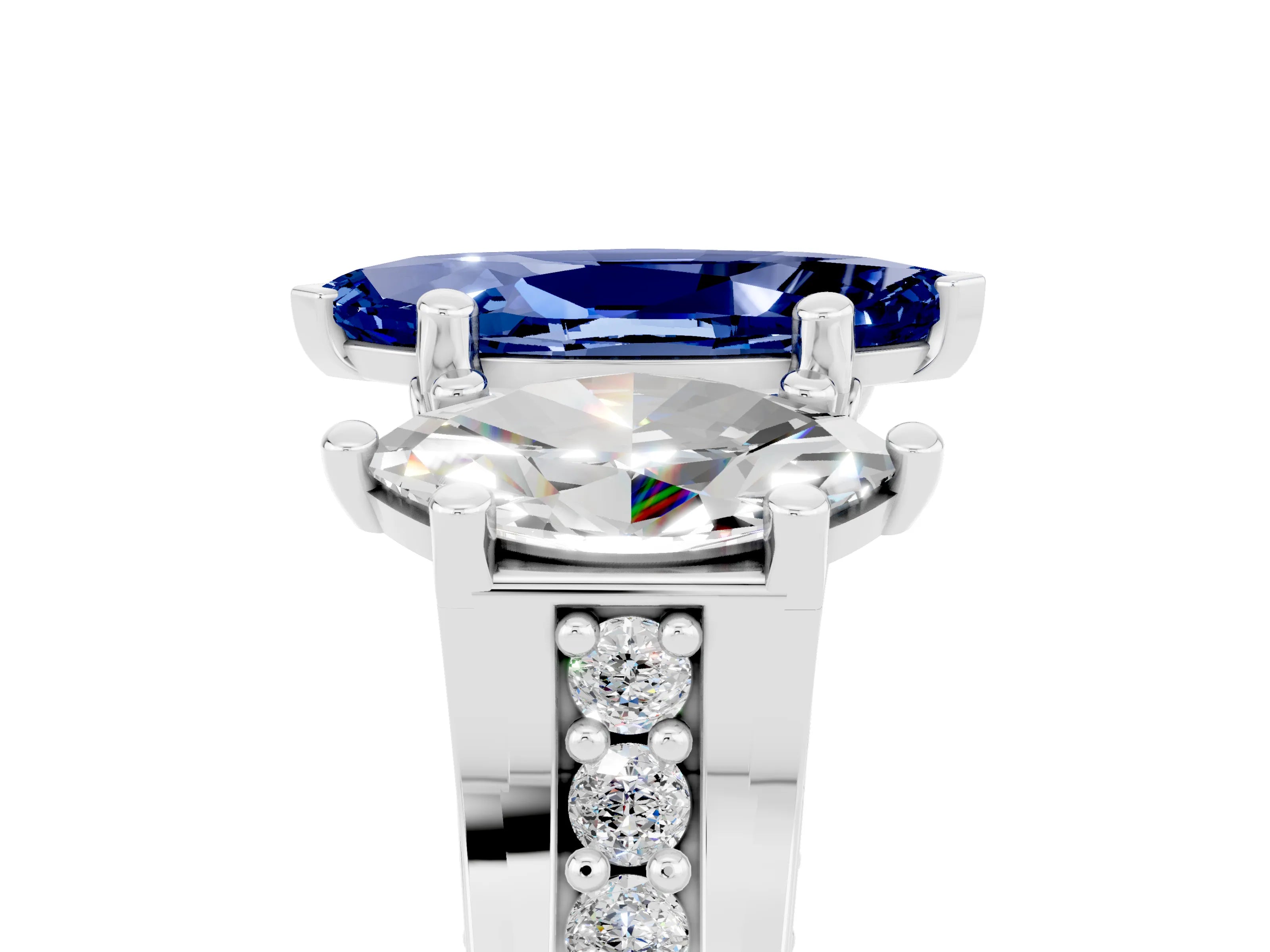 White gold Marquise Cut Blue Sapphire Three-Stone Ring with Channel Set Band and Four-Prong Setting_5