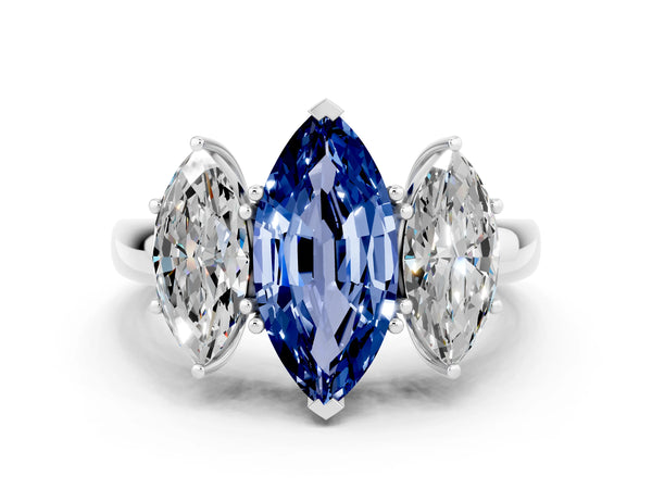 Platinum Marquise Cut Blue Sapphire Three-Stone Ring with Four-Prong Setting and Classic Band
