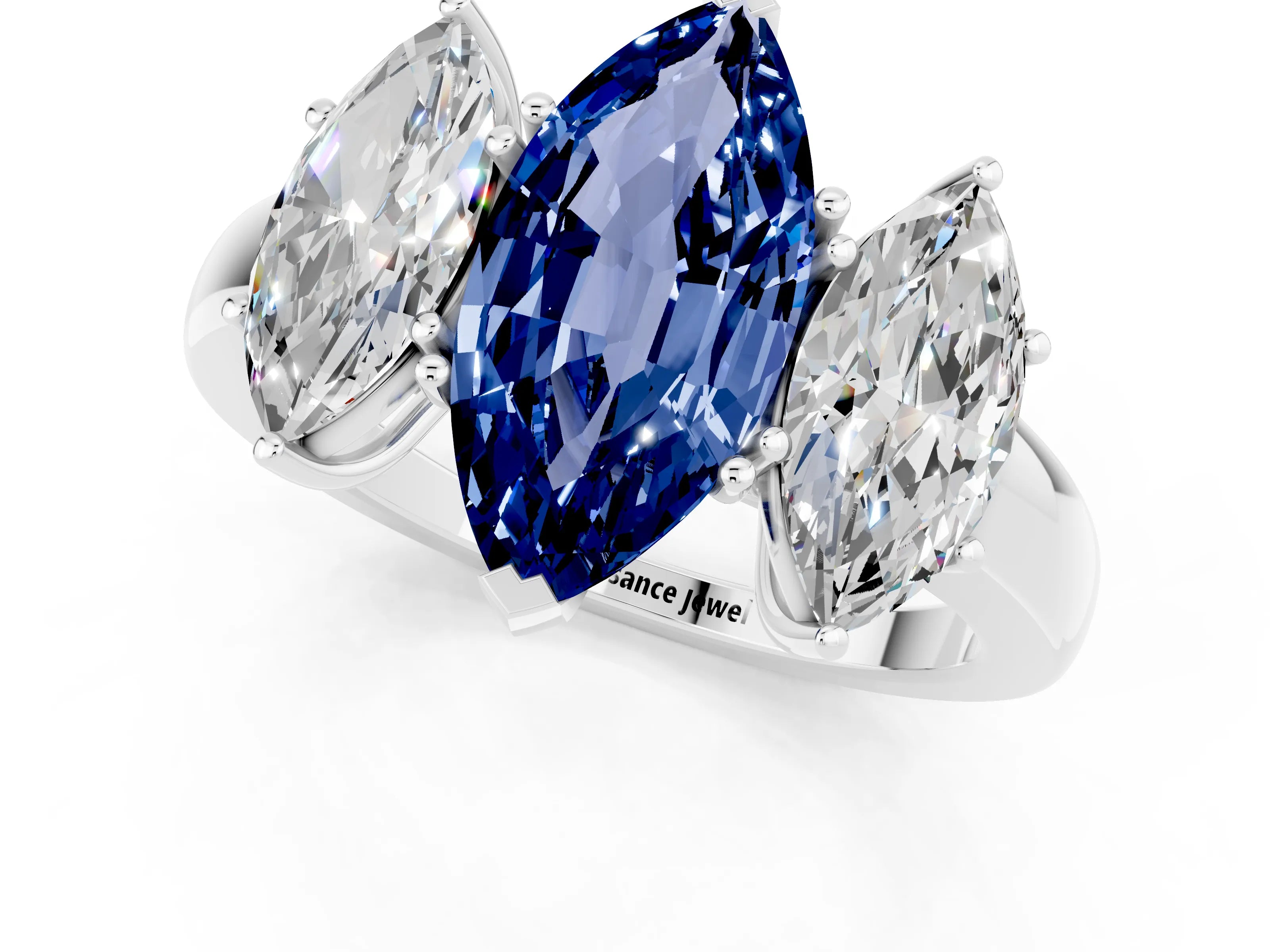 White gold Marquise Cut Blue Sapphire Three-Stone Ring with Four-Prong Setting and Classic Band_1
