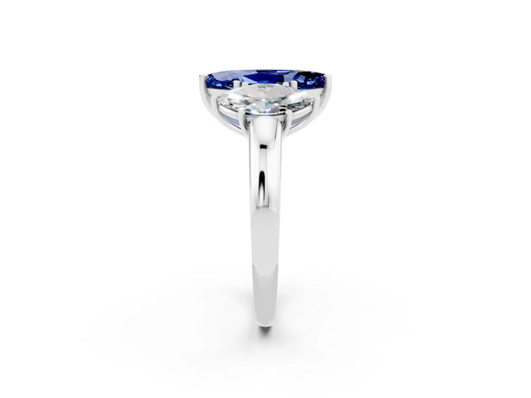 Platinum Marquise Cut Blue Sapphire Three-Stone Ring with Four-Prong Setting and Classic Band