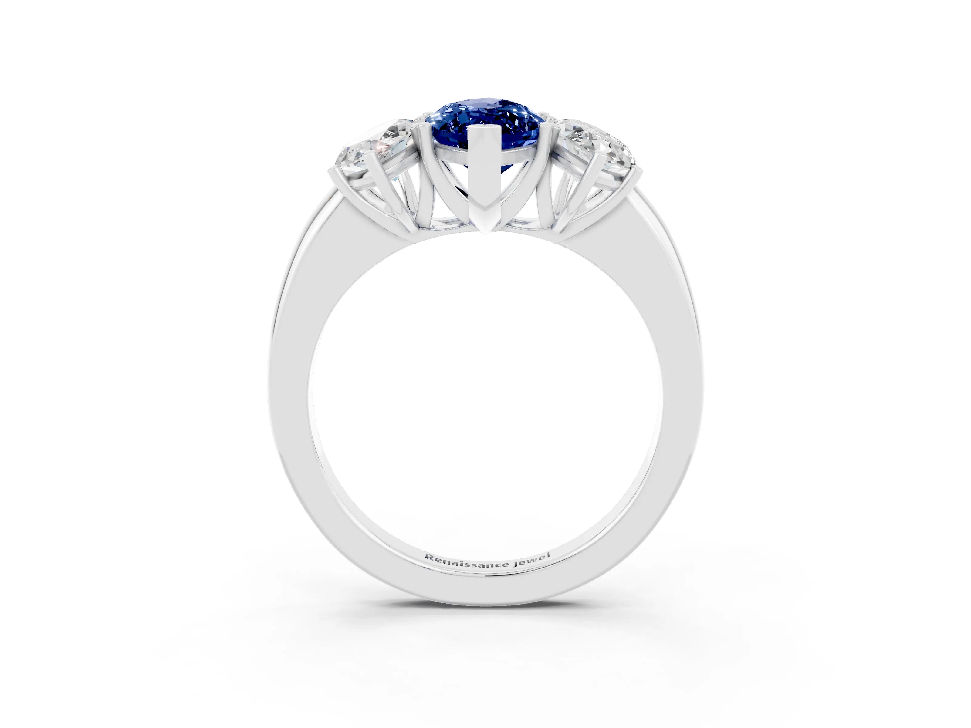White gold Marquise Cut Blue Sapphire Three-Stone Ring with Four-Prong Setting and Classic Band_3