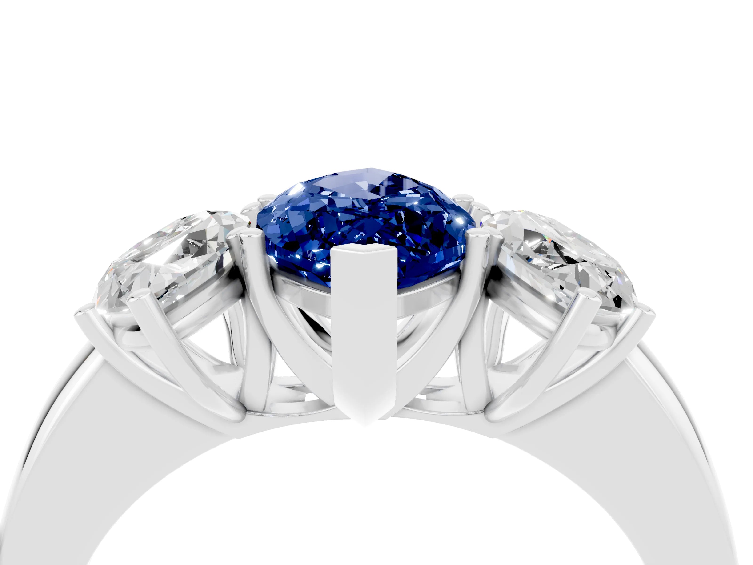 White gold Marquise Cut Blue Sapphire Three-Stone Ring with Four-Prong Setting and Classic Band_4