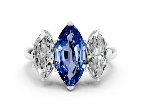 White gold Marquise Cut Blue Sapphire Three-Stone Ring with Four-Prong Setting and Classic Band
