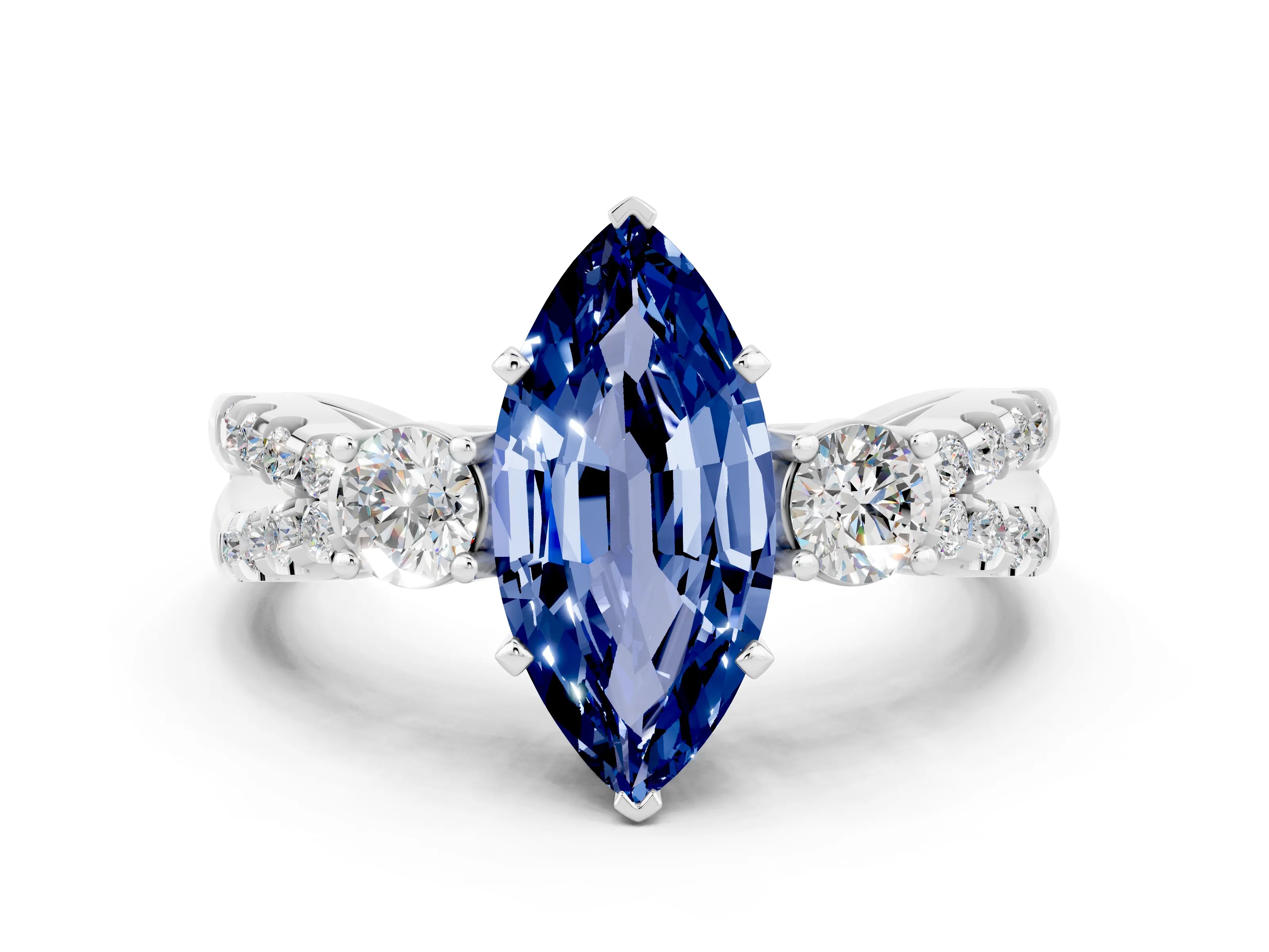 White gold Marquise Cut Blue Sapphire Three-Stone Ring with Pavé Split Shank and Four-Prong Setting_12