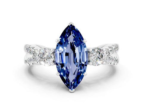 White gold Marquise Cut Blue Sapphire Three-Stone Ring with Pavé Split Shank and Four-Prong Setting_12