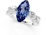White gold Marquise Cut Blue Sapphire Three-Stone Ring with Pavé Split Shank and Four-Prong Setting_13