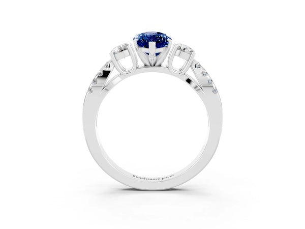 Platinum Marquise Cut Blue Sapphire Three-Stone Ring with Pavé Split Shank and Four-Prong Setting