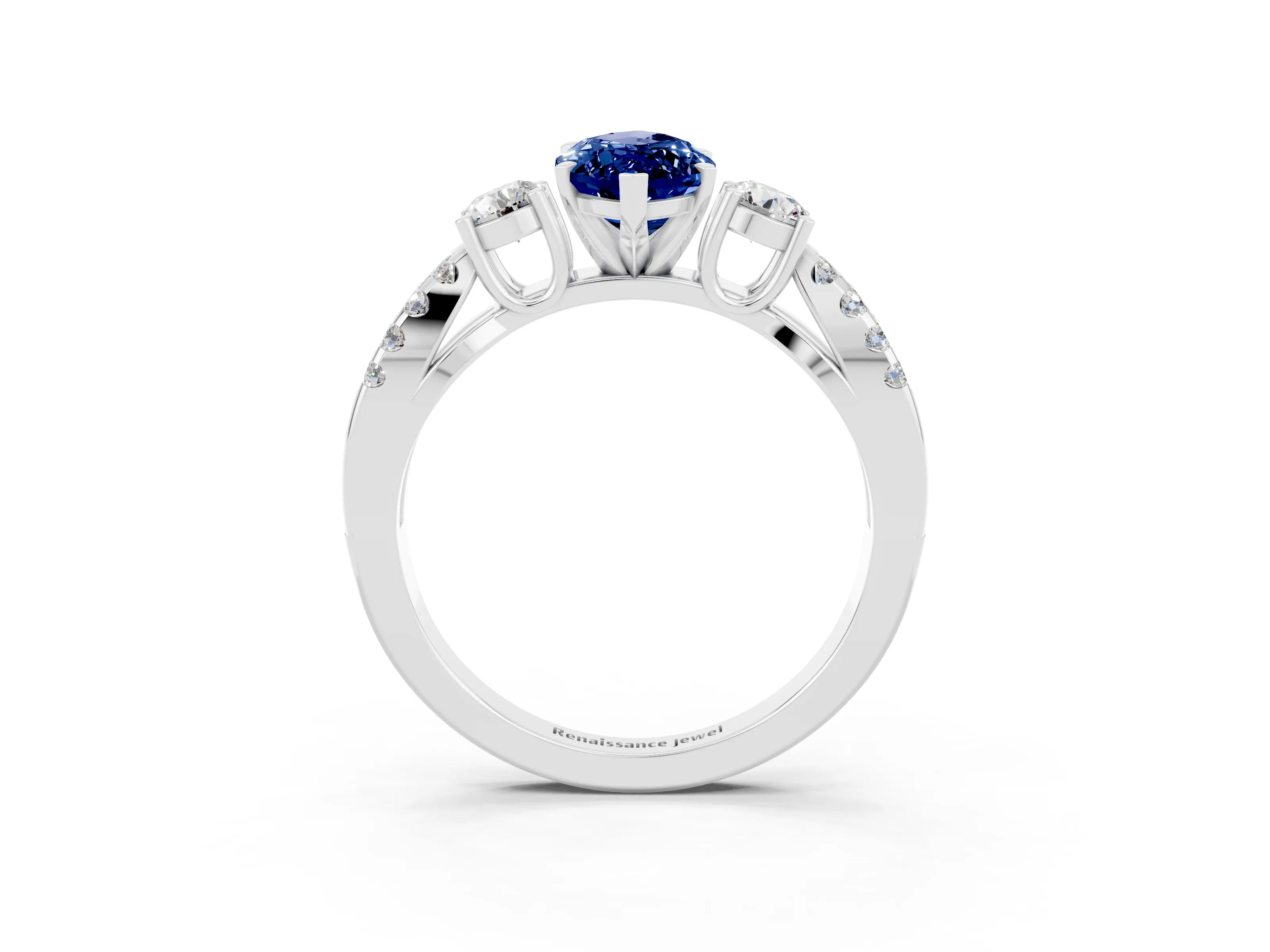 White gold Marquise Cut Blue Sapphire Three-Stone Ring with Pavé Split Shank and Four-Prong Setting_15