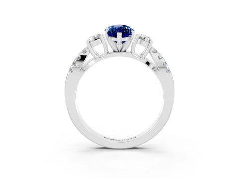 White gold Marquise Cut Blue Sapphire Three-Stone Ring with Pavé Split Shank and Four-Prong Setting_15