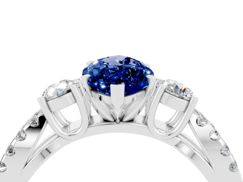 White gold Marquise Cut Blue Sapphire Three-Stone Ring with Pavé Split Shank and Four-Prong Setting_16