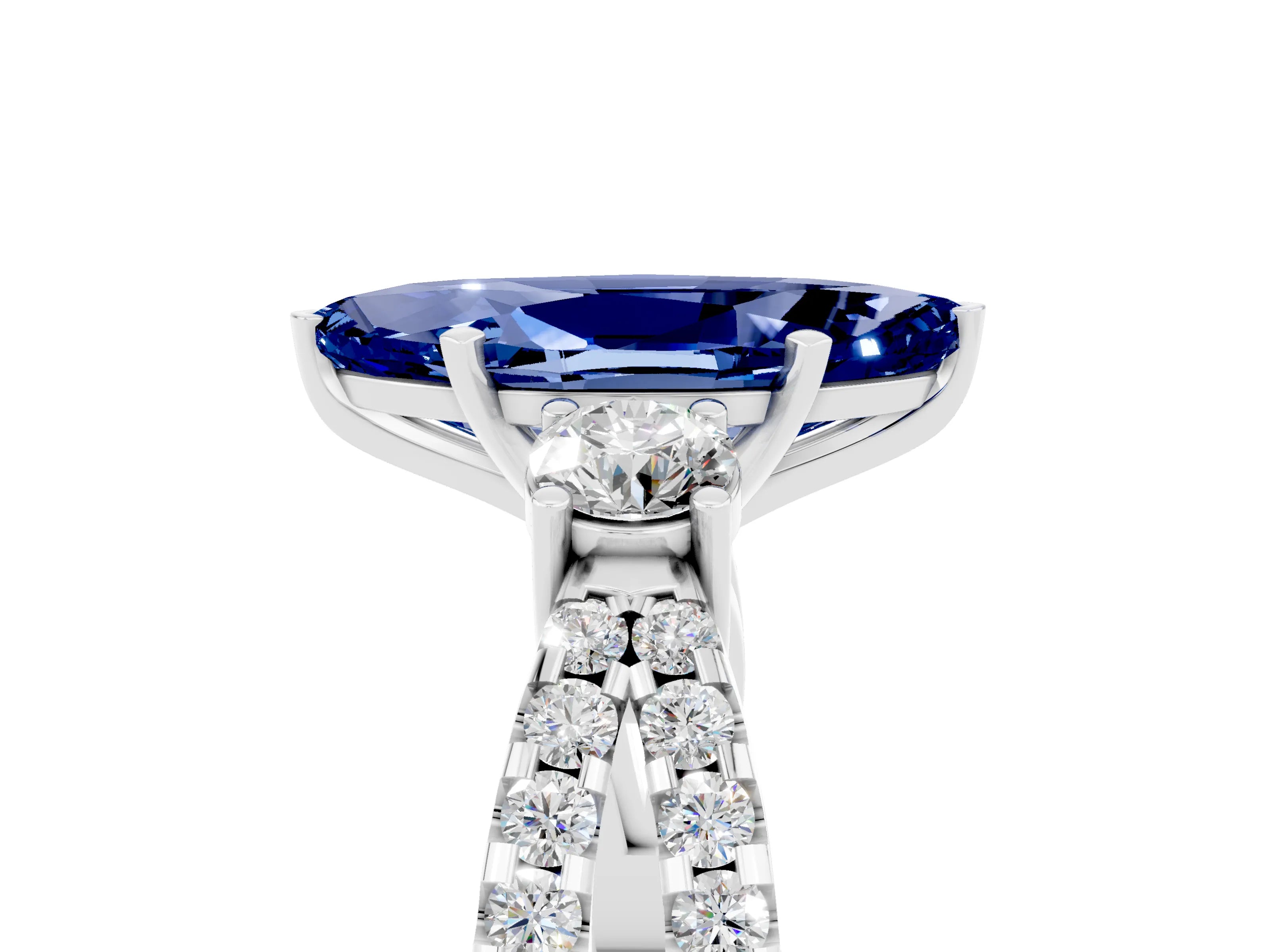 White gold Marquise Cut Blue Sapphire Three-Stone Ring with Pavé Split Shank and Four-Prong Setting_17