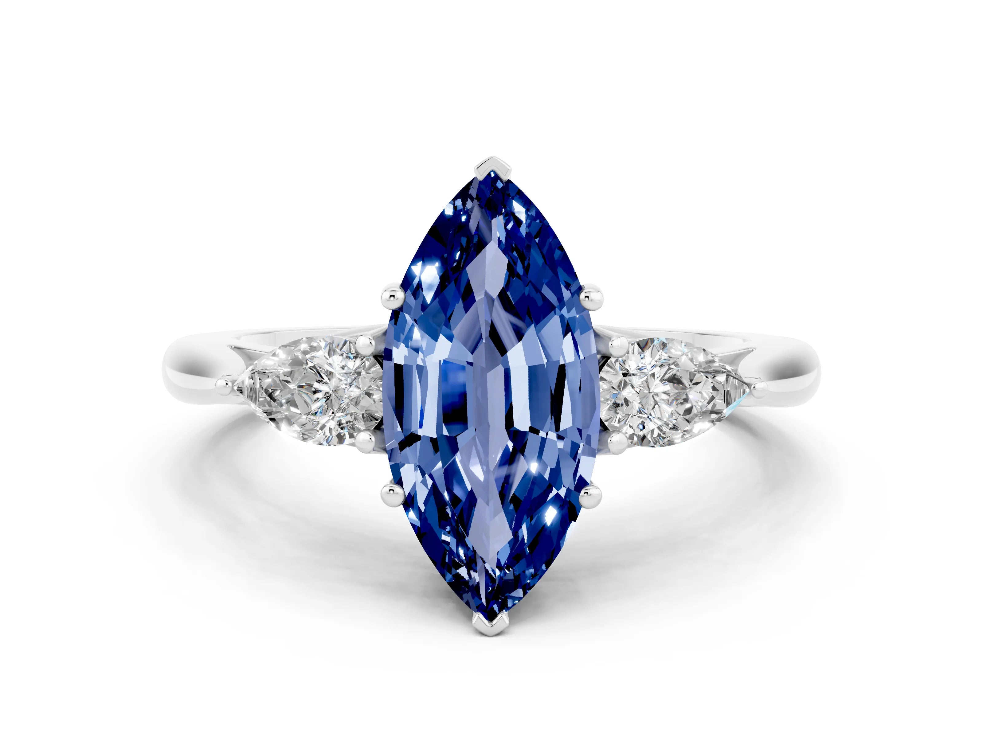 White gold Marquise Cut Blue Sapphire Three-Stone Ring with Pear Side Stones and Four-Prong Setting_12