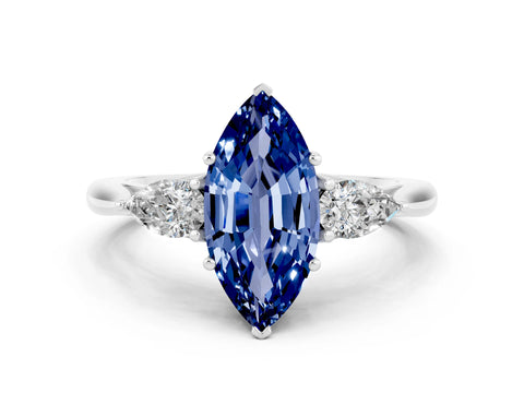 White gold Marquise Cut Blue Sapphire Three-Stone Ring with Pear Side Stones and Four-Prong Setting_12