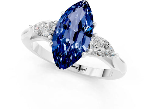 White gold Marquise Cut Blue Sapphire Three-Stone Ring with Pear Side Stones and Four-Prong Setting_13