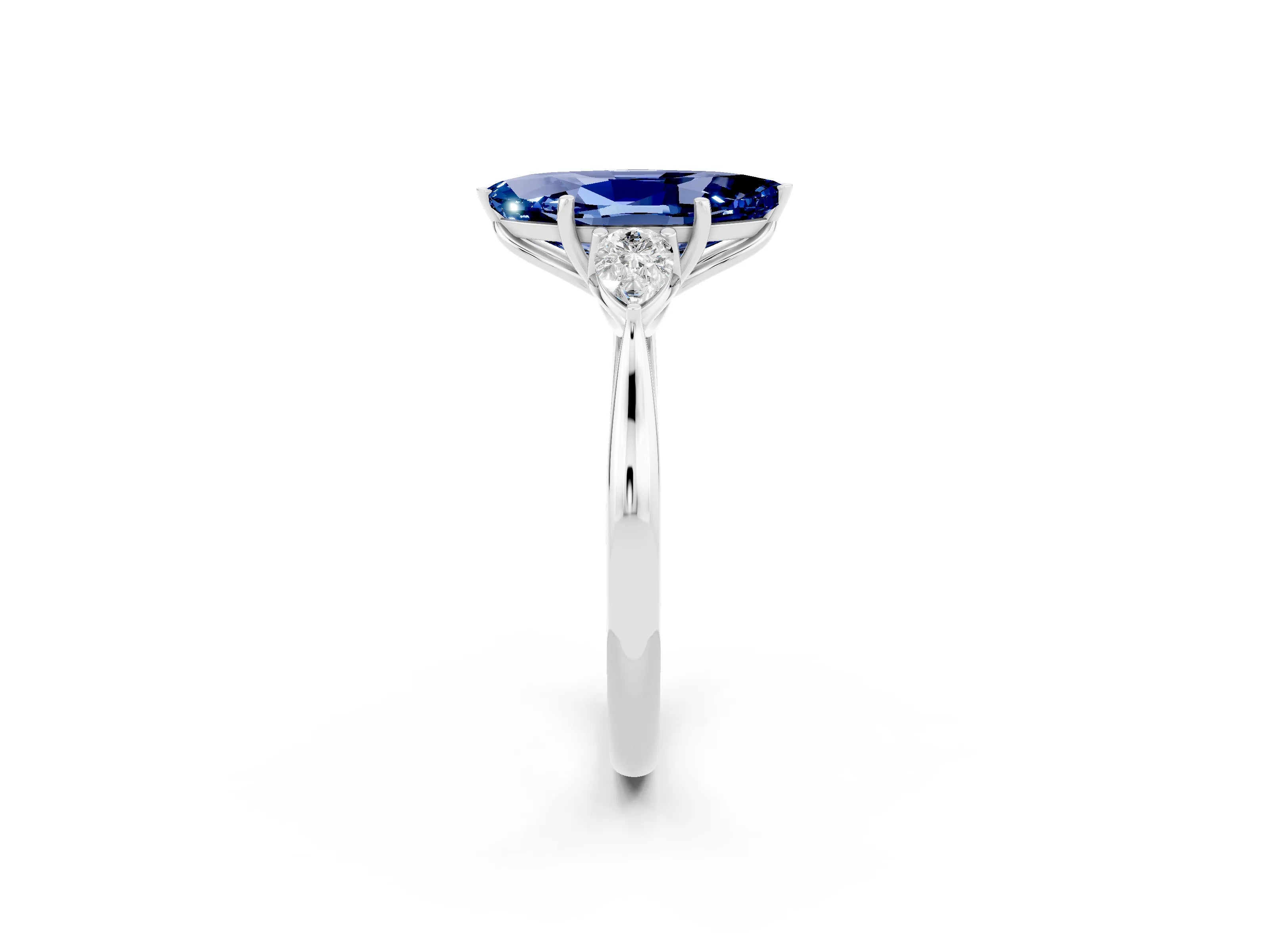 White gold Marquise Cut Blue Sapphire Three-Stone Ring with Pear Side Stones and Four-Prong Setting_14