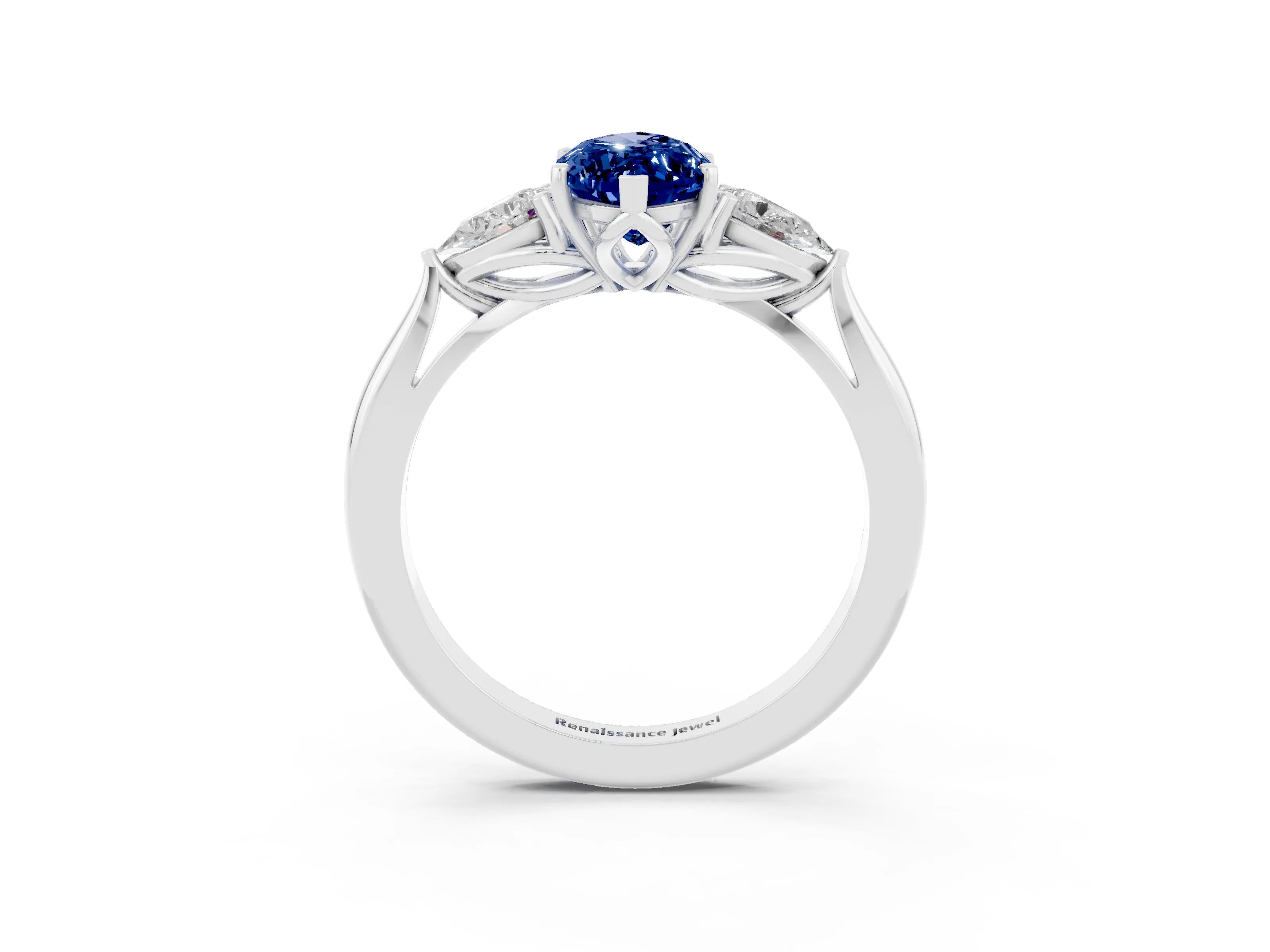 White gold Marquise Cut Blue Sapphire Three-Stone Ring with Pear Side Stones and Four-Prong Setting_15