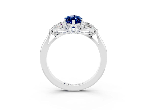 Platinum Marquise Cut Blue Sapphire Three-Stone Ring with Pear  Side Stones and Prong Setting