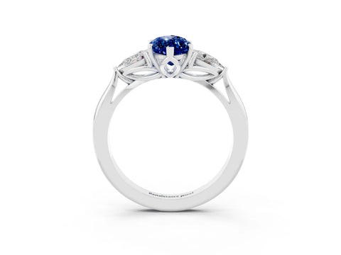 White gold Marquise Cut Blue Sapphire Three-Stone Ring with Pear Side Stones and Four-Prong Setting_15