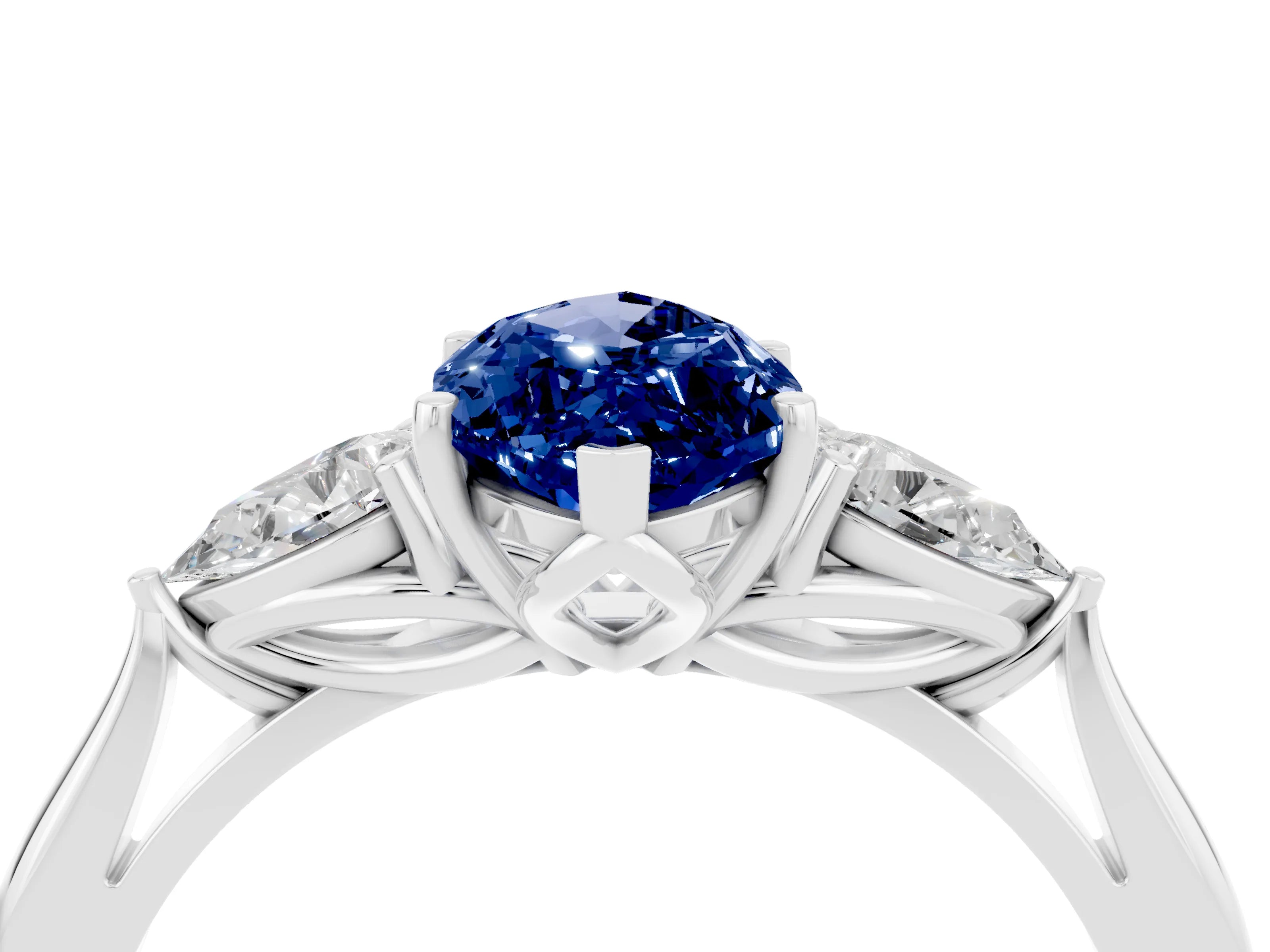 White gold Marquise Cut Blue Sapphire Three-Stone Ring with Pear Side Stones and Four-Prong Setting_16