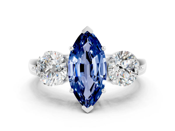 Platinum Marquise Cut Blue Sapphire Three-Stone Ring with Prong Setting and Classic Band