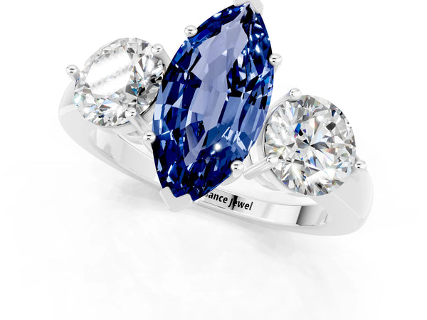 Platinum Marquise Cut Blue Sapphire Three-Stone Ring with Prong Setting and Classic Band