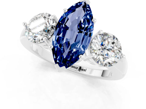 White gold Marquise Cut Blue Sapphire Three-Stone Ring with Prong Setting and Classic Band_1