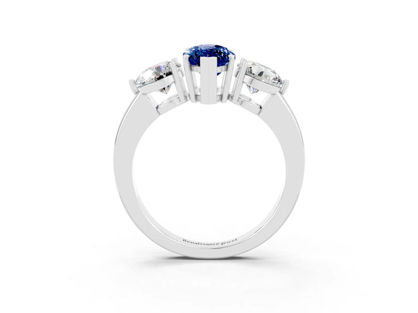 White gold Marquise Cut Blue Sapphire Three-Stone Ring with Prong Setting and Classic Band