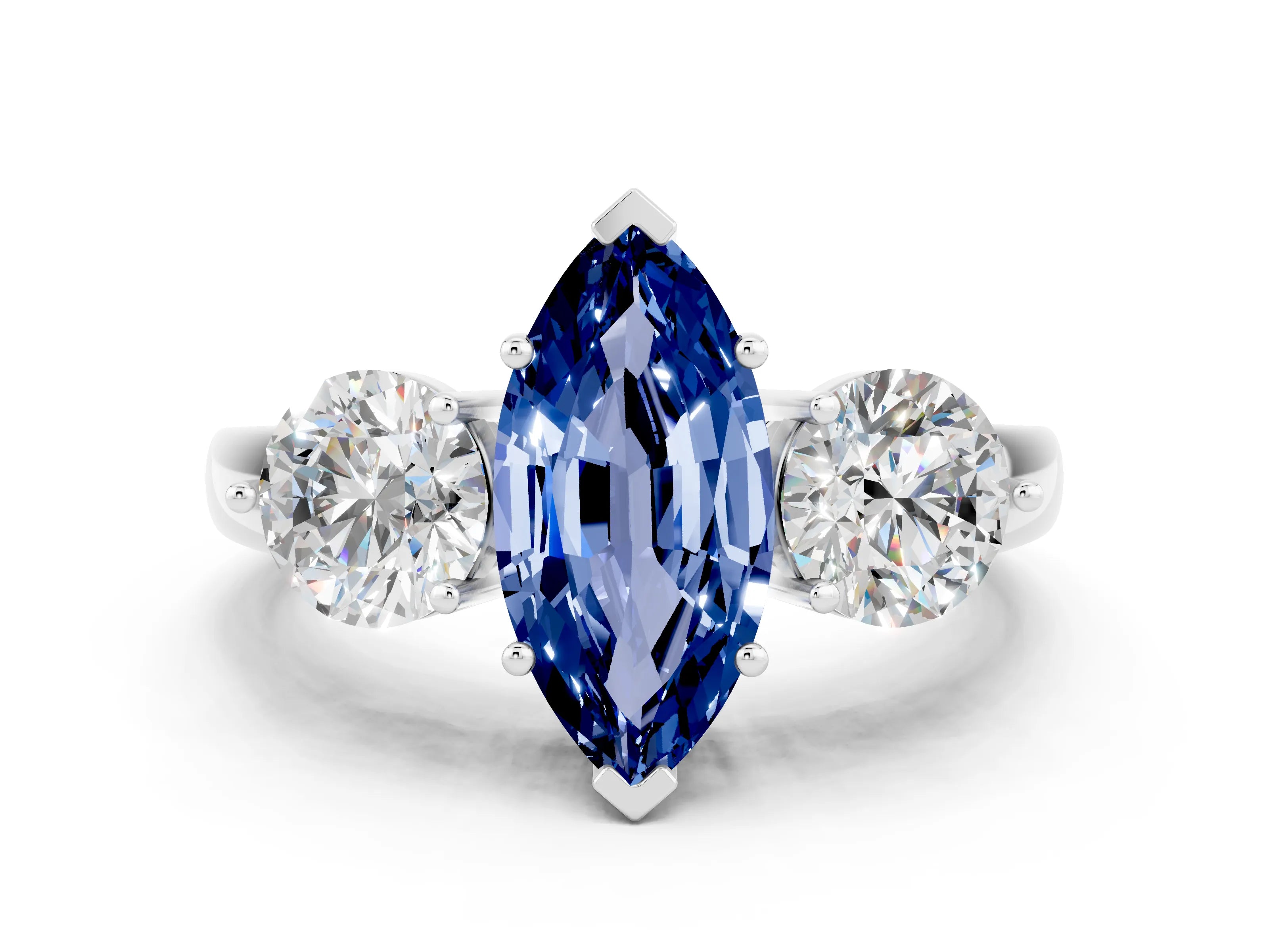 White gold Marquise Cut Blue Sapphire Three-Stone Ring with Prong Setting and Classic Band
