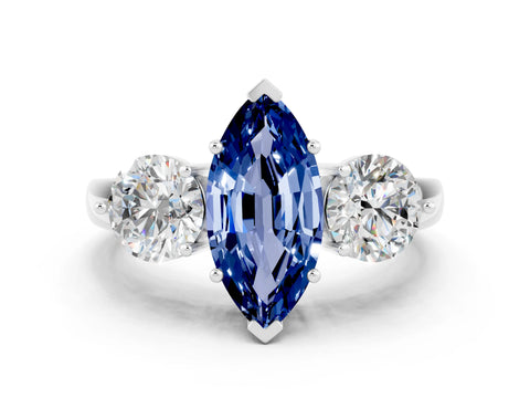 White gold Marquise Cut Blue Sapphire Three-Stone Ring with Prong Setting and Classic Band