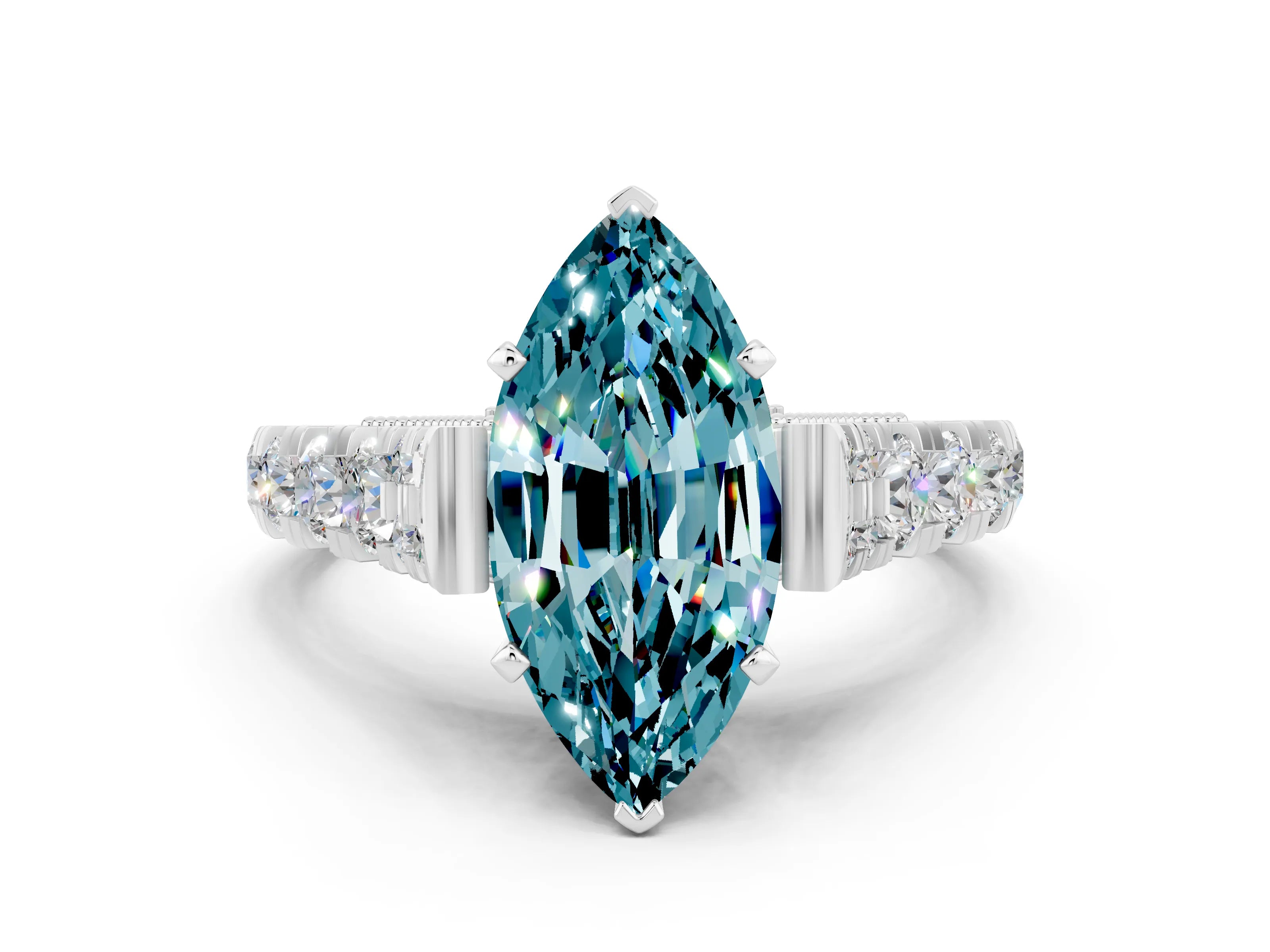 White gold Marquise Cut Blue Topaz Classic Solitaire Ring with Pavé Band and Four-Prong Setting