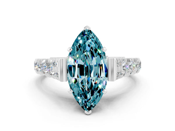 Platinum Marquise Cut Blue Topaz Classic Solitaire Ring with Pavé Band and Four-Prong Setting