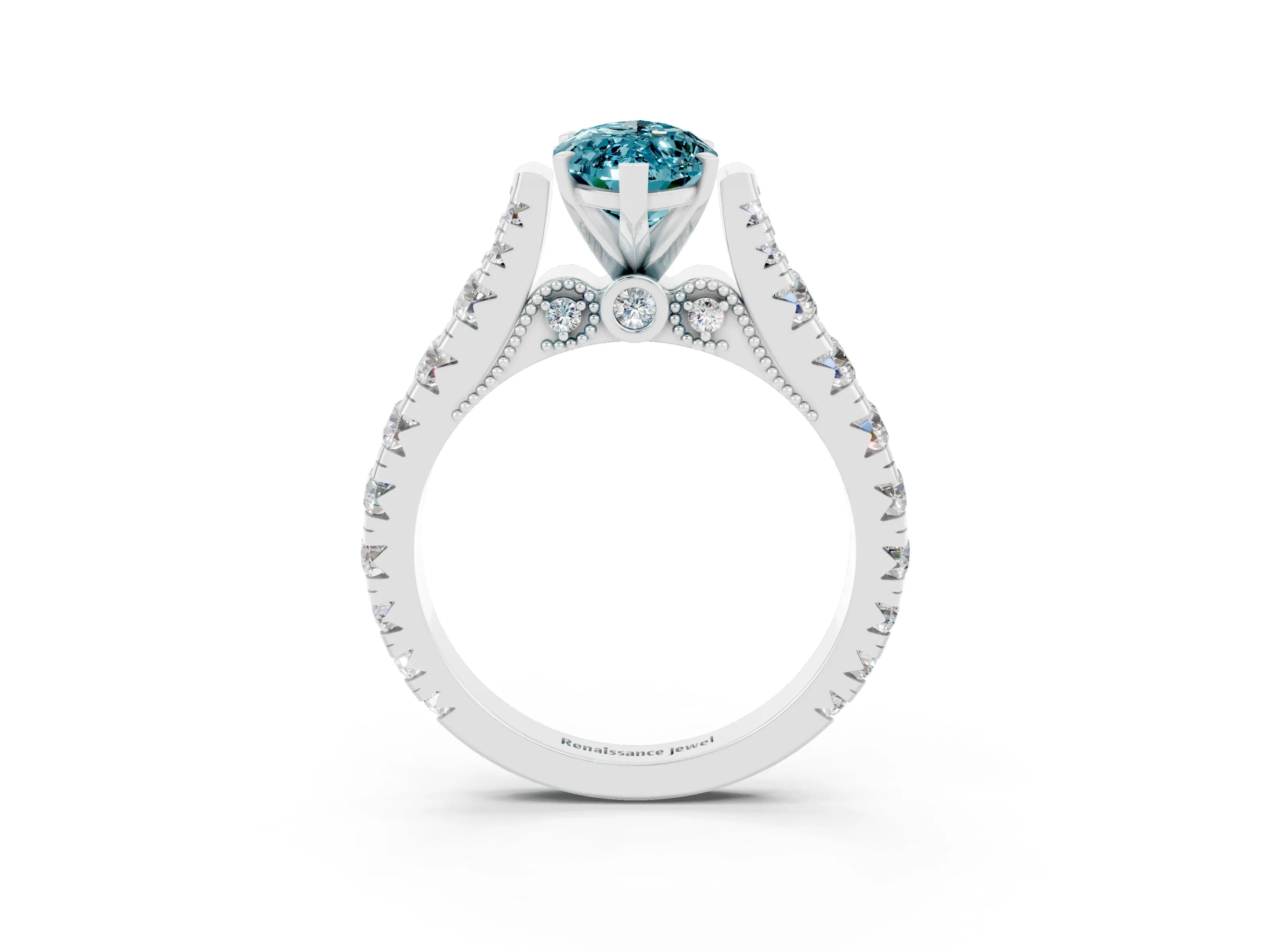 White gold Marquise Cut Blue Topaz Classic Solitaire Ring with Pavé Band and Four-Prong Setting_3