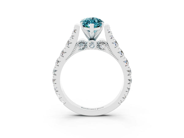 Silver Marquise Cut Blue Topaz Classic Solitaire Ring with Pavé Band and Four-Prong Setting