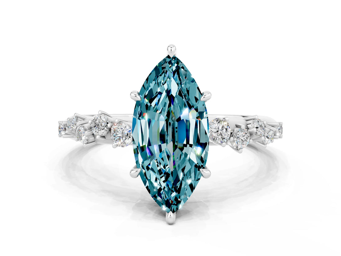 White gold Marquise Cut Blue Topaz Cluster Side Stone Solitaire Ring with Prong Setting_24