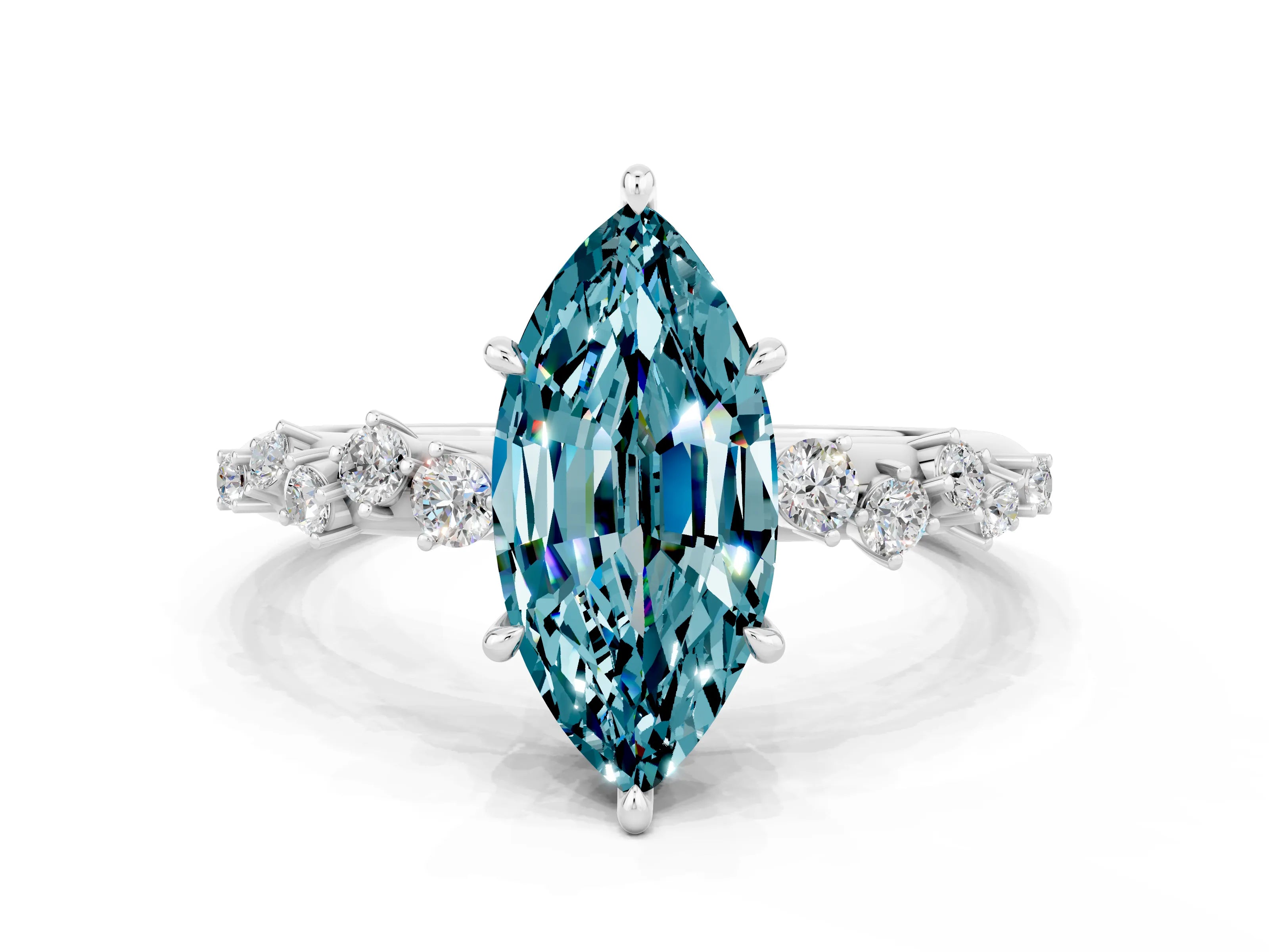 White gold Marquise Cut Blue Topaz Cluster Side Stone Solitaire Ring with Prong Setting_24