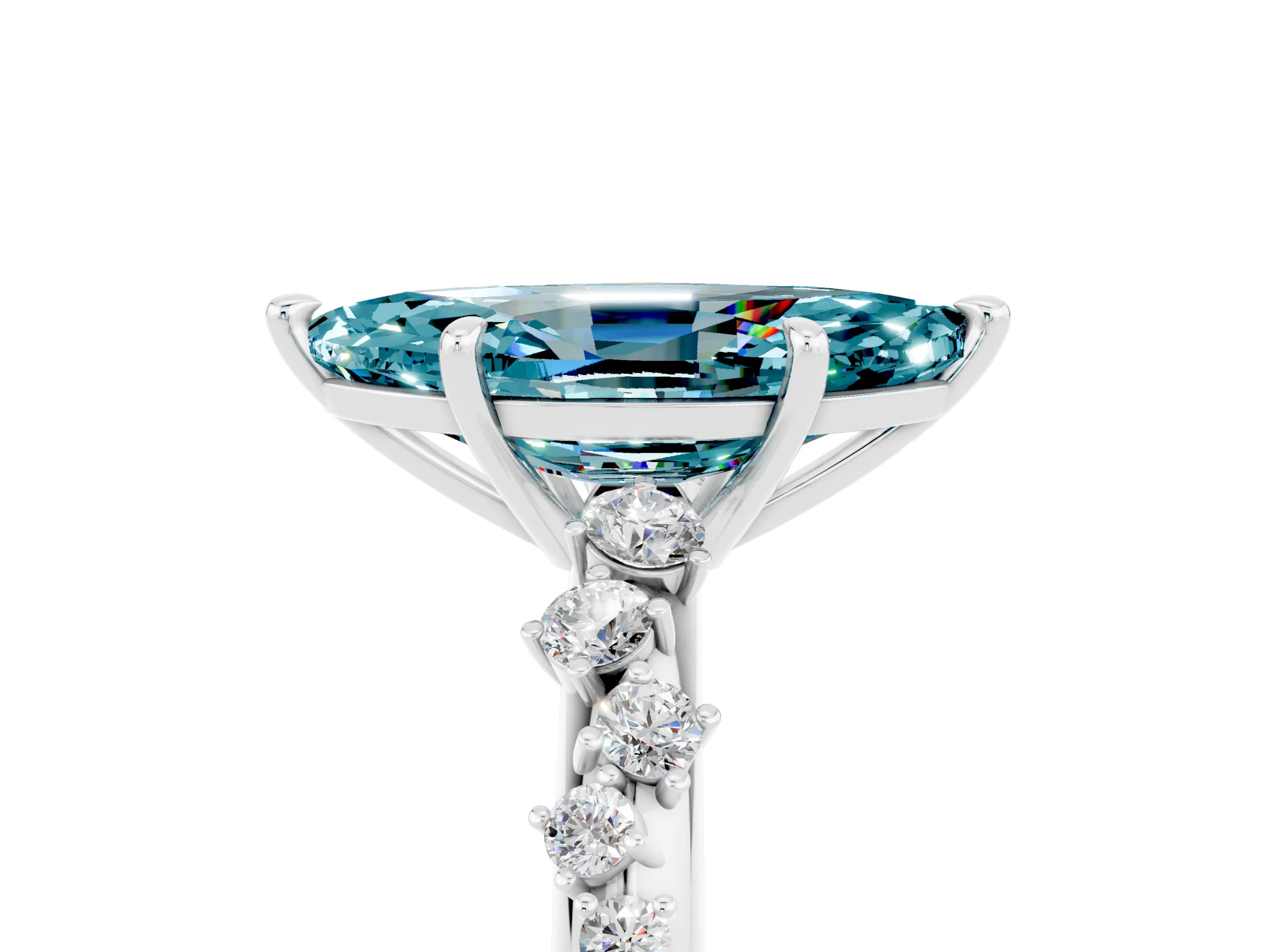 White gold Marquise Cut Blue Topaz Cluster Side Stone Solitaire Ring with Prong Setting_29