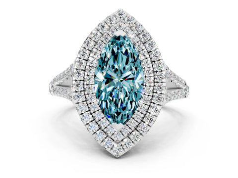 White gold Marquise Cut Blue Topaz Double Halo Ring with Pavé Band and Prong Setting_12