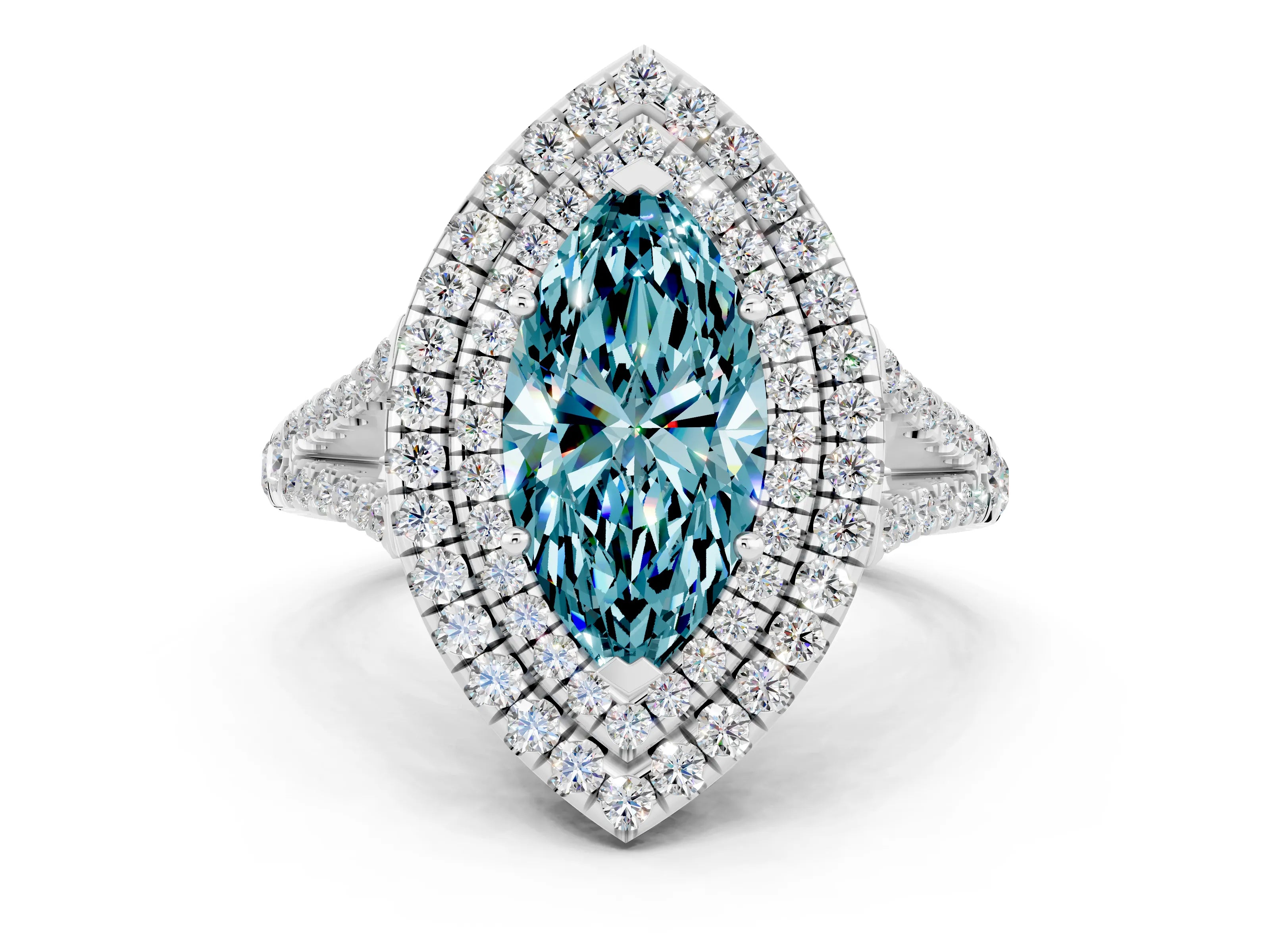 White gold Marquise Cut Blue Topaz Double Halo Ring with Pavé Band and Prong Setting_12