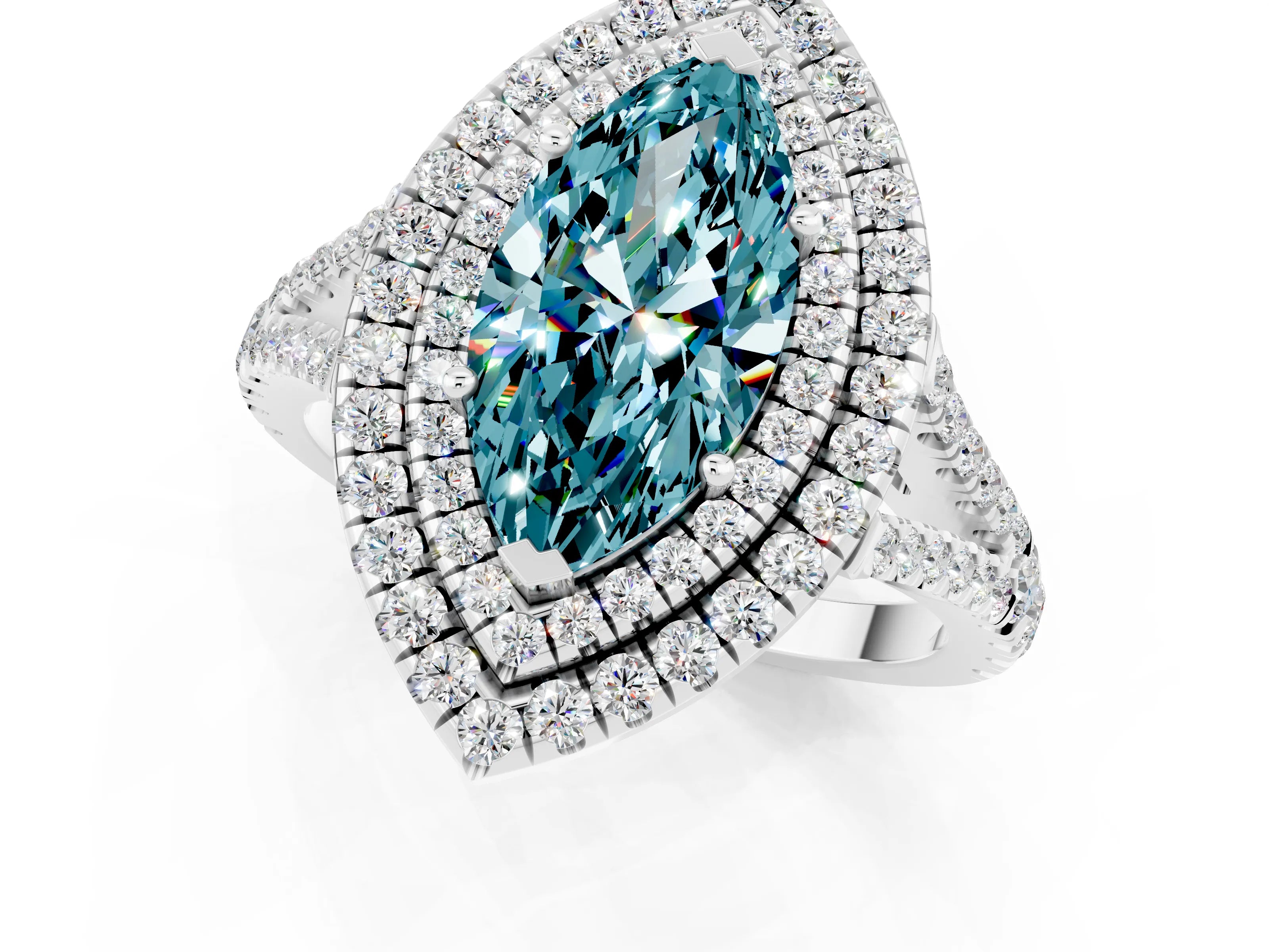 White gold Marquise Cut Blue Topaz Double Halo Ring with Pavé Band and Prong Setting_13