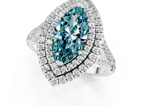 White gold Marquise Cut Blue Topaz Double Halo Ring with Pavé Band and Prong Setting_13